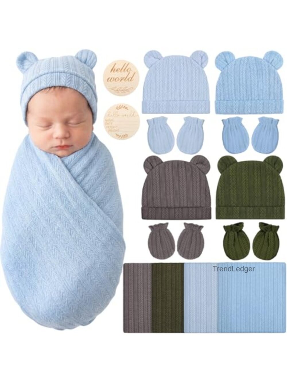 Newborn Swaddle Set Bear Ear Beanie Mittens Blanket Wooden Sign